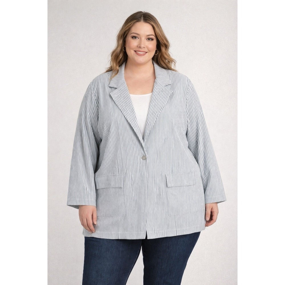 Denim & Co. Women's Plus Sz 3X Blue & White Stripe Seersucker Blazer Jacket NWT